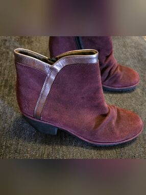 Fly London Wine Oil Suede Ankle Booties with Metallic Trim. Size 41